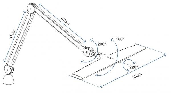 Das Bild zeigt eine Zeichnung einer verstellbaren Lampe mit zwei Gelenkarmen. Die Arme sind 47 cm lang und können unterschiedliche Winkel einnehmen. Die Basis hat eine rechteckige Fläche.