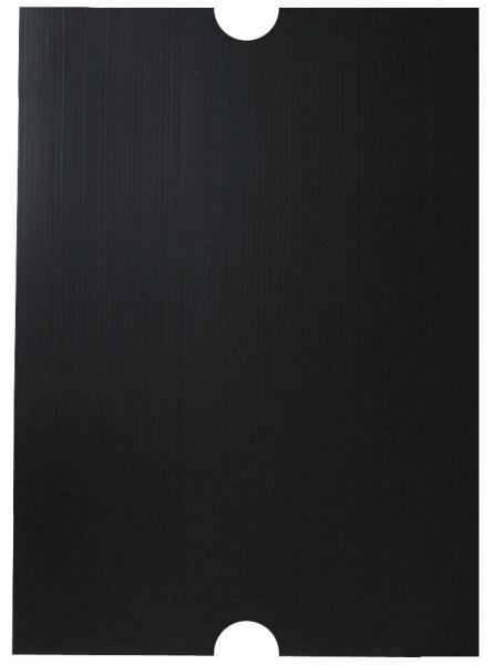 The image displays a black sheet with a matte surface. It features two round cutouts at the top edge, resembling an opening. The structure is uniform and monochromatic.