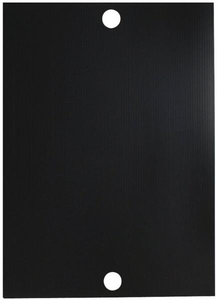 The image shows a black sheet with two round, white holes at the top and bottom. The surface has fine, vertical lines that give the sheet structure.