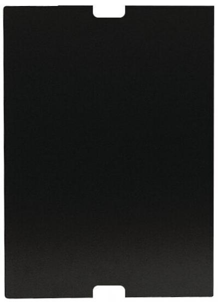 Das Bild zeigt ein rechteckiges, schwarzes Objekt ohne erkennbare Muster oder Details. Es hat oben einen Ausschnitt und scheint flach und gleichmäßig in der Farbe zu sein.