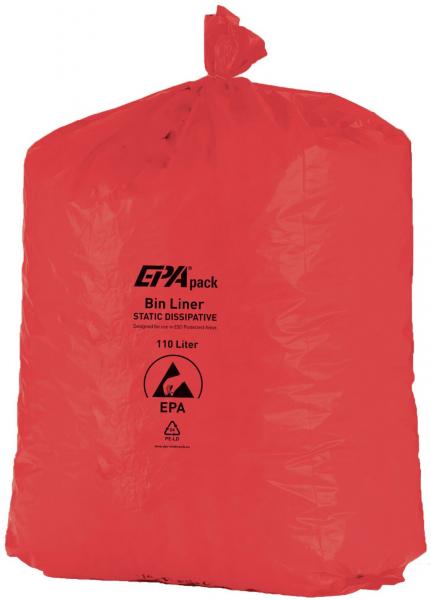 The image shows a large, red garbage bag. The bag is tied at the top and bears a black inscription providing information about its size and material.