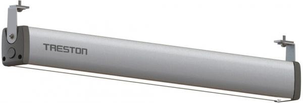 Das Bild zeigt eine moderne, schlanke LED-Leuchte in Silber, die horizontal montiert wird. An beiden Seiten befinden sich Halterungen zur Befestigung. Der Schriftzug ?TRESTON? ist sichtbar.