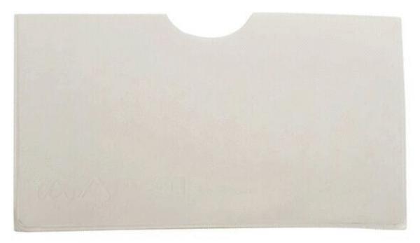 Das Bild zeigt eine weiße, rechteckige Kunststoff- oder Papierkarte mit einer Aussparung an der Oberseite. Sie ist flach und unbedruckt.