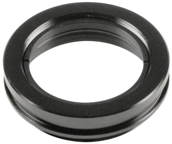 The image shows a black, round O-ring with a medium-sized opening. The edges are smooth, and the material appears sturdy. It could be part of a mechanical system.