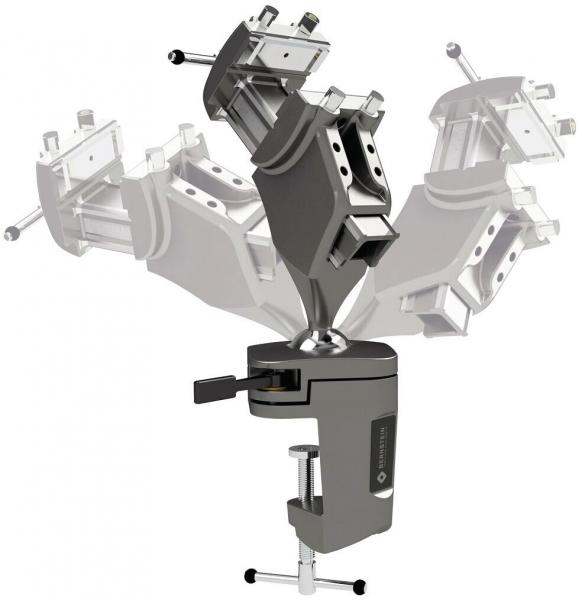 The image shows an articulated mount with multiple joints. It has a sturdy handle at the bottom, used for clamping onto surfaces. Flexible in use.