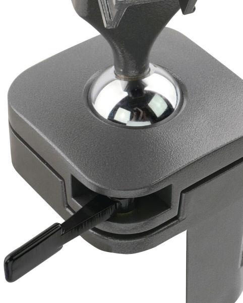 The image shows a black bracket with a ball socket on top and a rotary lever on the side. The surface is smooth and the edges are rounded.