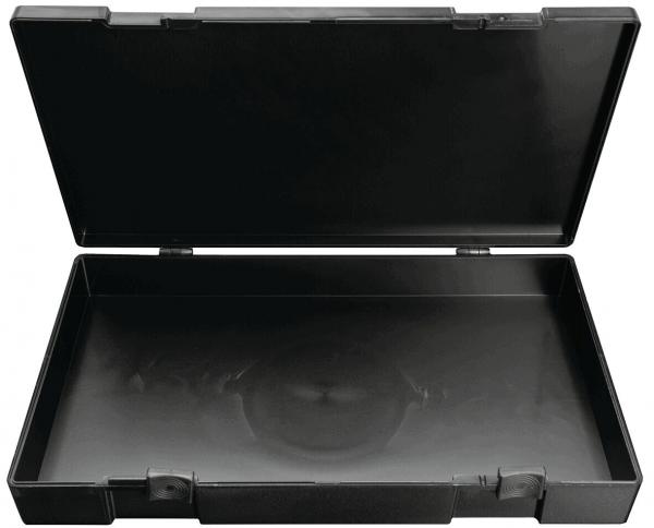 The image shows a black, rectangular box with a lid that is open. The interior surface is smooth and also black. The box has a striking, distinctive shape.