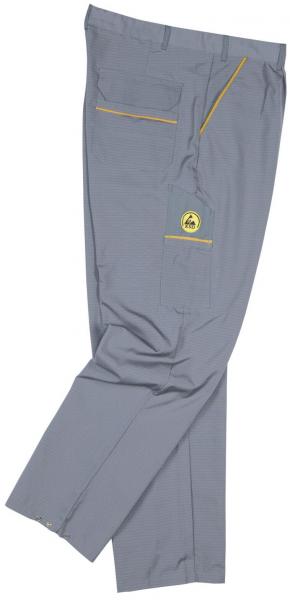 The image shows a gray pair of pants with multiple pockets. There is a side pocket with yellow stitching and a yellow logo on the thigh area. The pants feature a subtle, textured fabric.