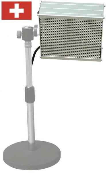 The image shows a table lamp with a rectangular, grid-like lampshade, which is mounted on a sturdy, round base. An adjustable neck connects the base and the shade.