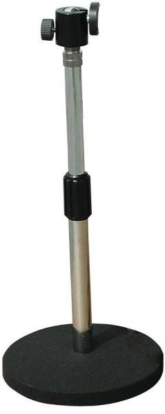 The image shows a microphone stand. It has a round, heavy base for stability, a tall, adjustable metal rod with a screw head on top to hold a microphone.