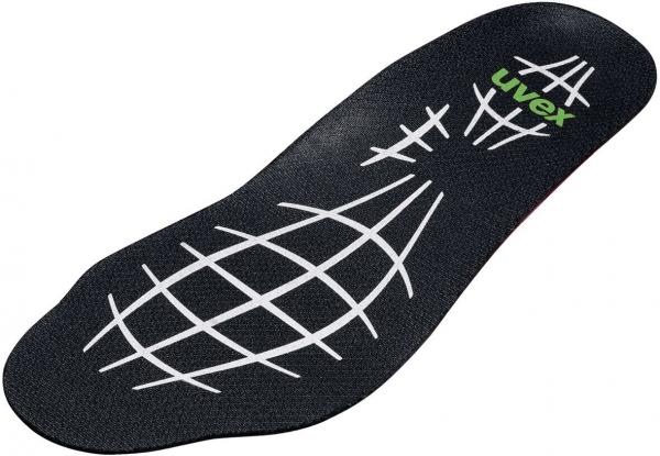 The image shows a black insole with an ergonomic design. On the top, there are white lines forming a grid pattern. The "uvex" logo is displayed in green.