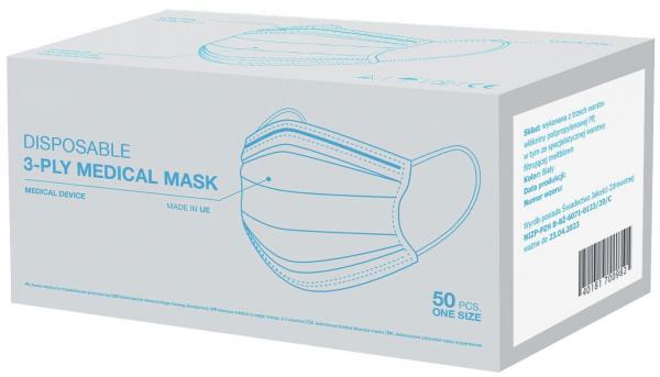 The image shows a package of medical masks. The box is light gray and contains 50 disposable masks. On the front, there is a mask and the inscription "DISPOSABLE 3-PLY MEDICAL MASK."