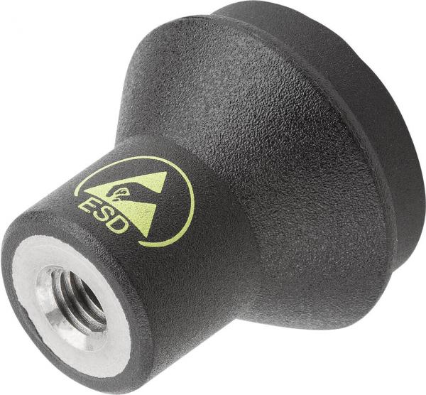 The image shows a black, conical object with a curved top end and a thread on the bottom. It features a yellow ESD symbol.