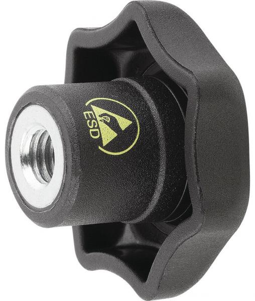The image displays a black, rounded ESD rotary knob with a silver threaded area in the center. The knob features an ergonomic shape and a yellow marking.