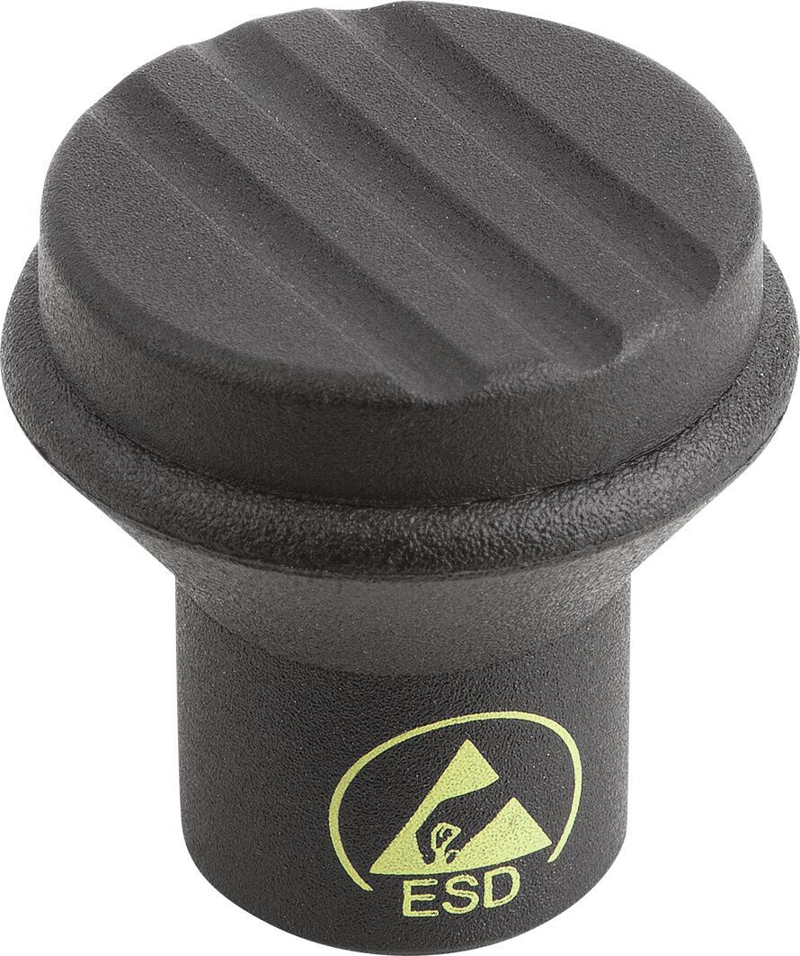 The image shows a black, cylindrical ESD protection plug with a flat, grooved top. On the side, there is a yellow symbol indicating ESD (electrostatic discharge).