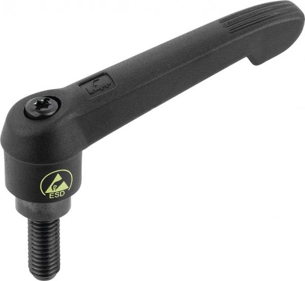 The image shows a black, ergonomically shaped handle with a threaded base. The surface is textured for better grip, and there is a small yellow ESD symbol.