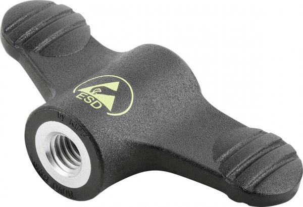 The image shows a black handle with two non-slip areas on the sides. In the center, there is a thread, and a yellow ESD symbol is visible. The handle has a uniform, ergonomic shape.