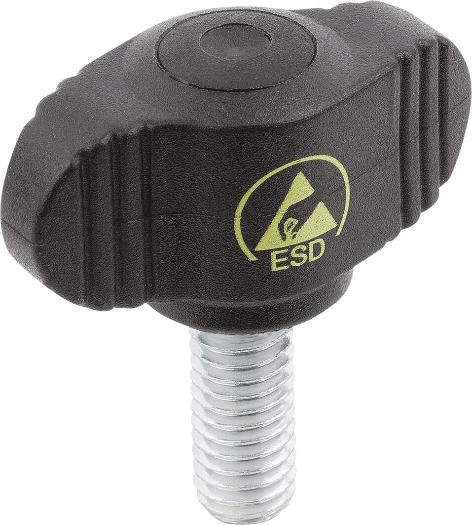 The image shows a black plastic button with a round top and ridged sides. Below there is a metal thread. A yellow symbol with "ESD" is visible.