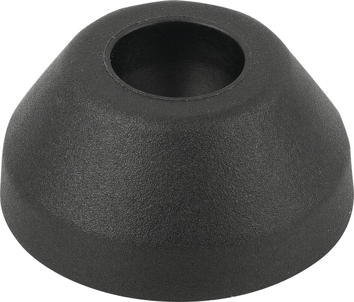 The image displays a conically shaped object made of black material. It has a smooth surface and an opening in the center that tapers inward. The shape resembles a small hat.