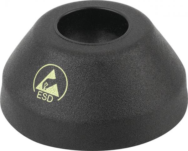 It is a conical, black object with an opening in the middle. There is a yellow symbol on the surface with the inscription "ESD". The surface feels rough.