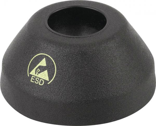 The image shows a black, cone-shaped object with an opening in the middle. It has a textured surface and a yellow symbol with the inscription "ESD".