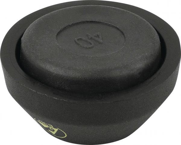 The image shows a round, black weight plate. It has a flat top with the number "40" and a slightly conical shape that tapers downwards.