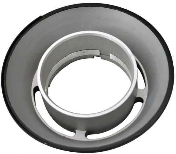 The image shows a round metal ring with an inner recess. The ring is gray in color and features openings on the sides. The edges are smooth and even.