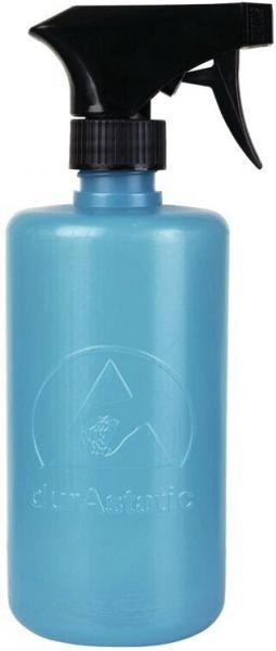 In the image, there is a blue spray bottle visible. It features a black spray nozzle that is attached on top. The bottle has a round body and is made of matte material.