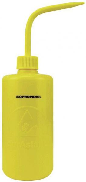 This is a yellow plastic bottle with a long, narrow spout. The bottle is labeled "ISOPROPANOL". The bottle has a screw cap.