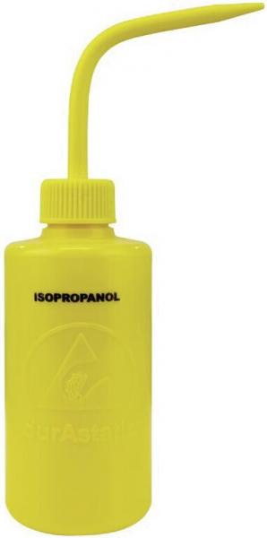 It is a yellow bottle with a long, narrow pouring spout. The bottle reads "ISOPROPANOL" in black lettering. The bottle has a round bottom and a screw-on cap.