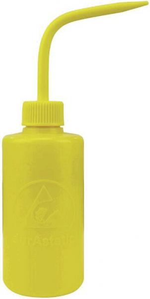 The image shows a yellow bottle with a long, narrow spout. The bottle has a round body and a screwed-on cap. It appears to be made of plastic and is handy.