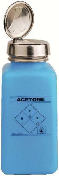 Das Bild zeigt eine quadratische, blaue Flasche mit einem silbernen Schraubdeckel. Auf der Vorderseite steht in schwarz "ACETONE" und ein Warnsymbol in Form eines Diamanten.