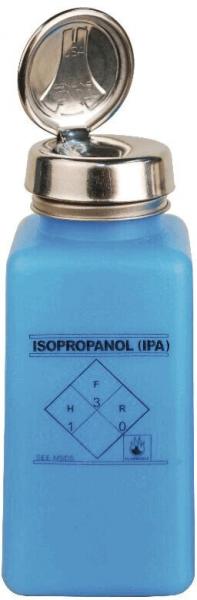 Das Bild zeigt eine rechteckige, hellblaue Flasche mit einem silbernen, drehbaren Deckel. Auf der Flasche ist die Aufschrift "ISOPROPANOL (IPA)" und das Gefahrensymbol abgebildet.