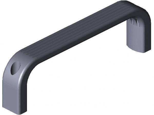 The image shows a gray handle that is slightly curved. The surface has horizontal grooves for better grip. There is a hole at one end for mounting.