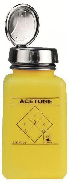 Das Bild zeigt eine gelbe Flasche mit schwarzem Verschluss. Auf der Flasche steht "ACETONE" und ein Gefahrensymbol in Form eines diagonalen Rauten. Es sind Zahlen für Brand- und Gesundheitsgefahren sichtbar.