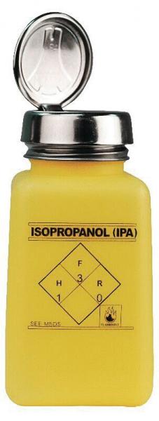 Das Bild zeigt eine gelbe Flasche mit einem silbernen Schraubdeckel. Auf der Vorderseite steht "ISOPROPANOL (IPA)" sowie Gefahrensymbole, die auf die chemischen Eigenschaften hinweisen.