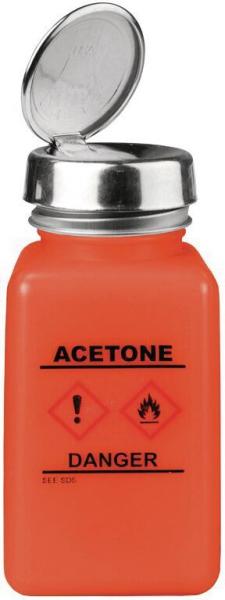 The image shows an orange bottle with a metal cap. It is labeled "ACETONE" and "DANGER" in black lettering, complemented by hazard warning symbols.