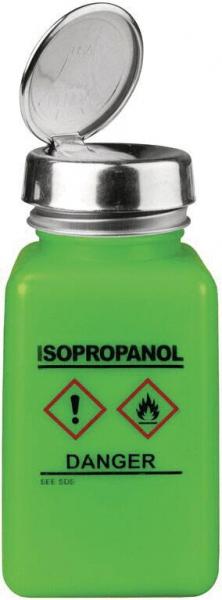 Das Bild zeigt eine grüne Flasche mit einem silbernen Deckel. Auf der Flasche steht ?ISOPROPANOL? und ?DANGER? in schwarzer Schrift. Rote Warnsymbole deuten auf Gefahren hin.
