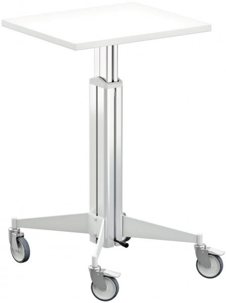 The image shows an adjustable rolling table with a square, white tabletop. It has a sturdy, silver frame and four movable casters for easy mobility.
