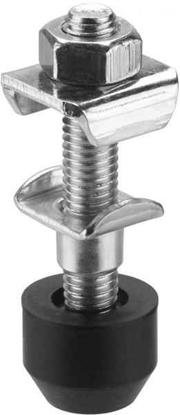 The image shows a metallic screw with a hexagonal nut and a round rubber base. The screw has a helical surface and is thicker in the middle.