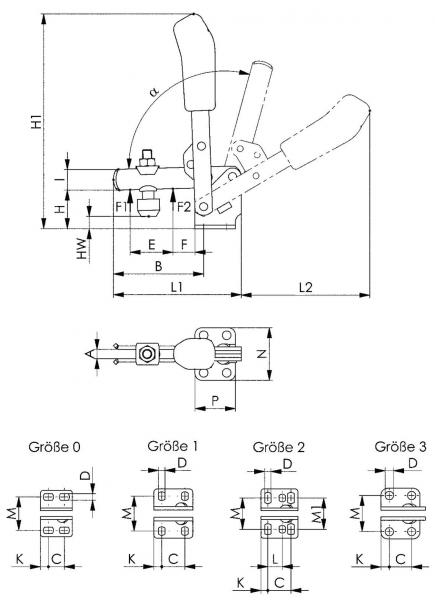 Das Bild zeigt technische Zeichnungen eines Hebels mit Maßen. Oben ist der Hebel mit zwei Griffen und einem Gelenk dargestellt. Unten sind verschiedene Größen mit Maßangaben für die Bauteile.