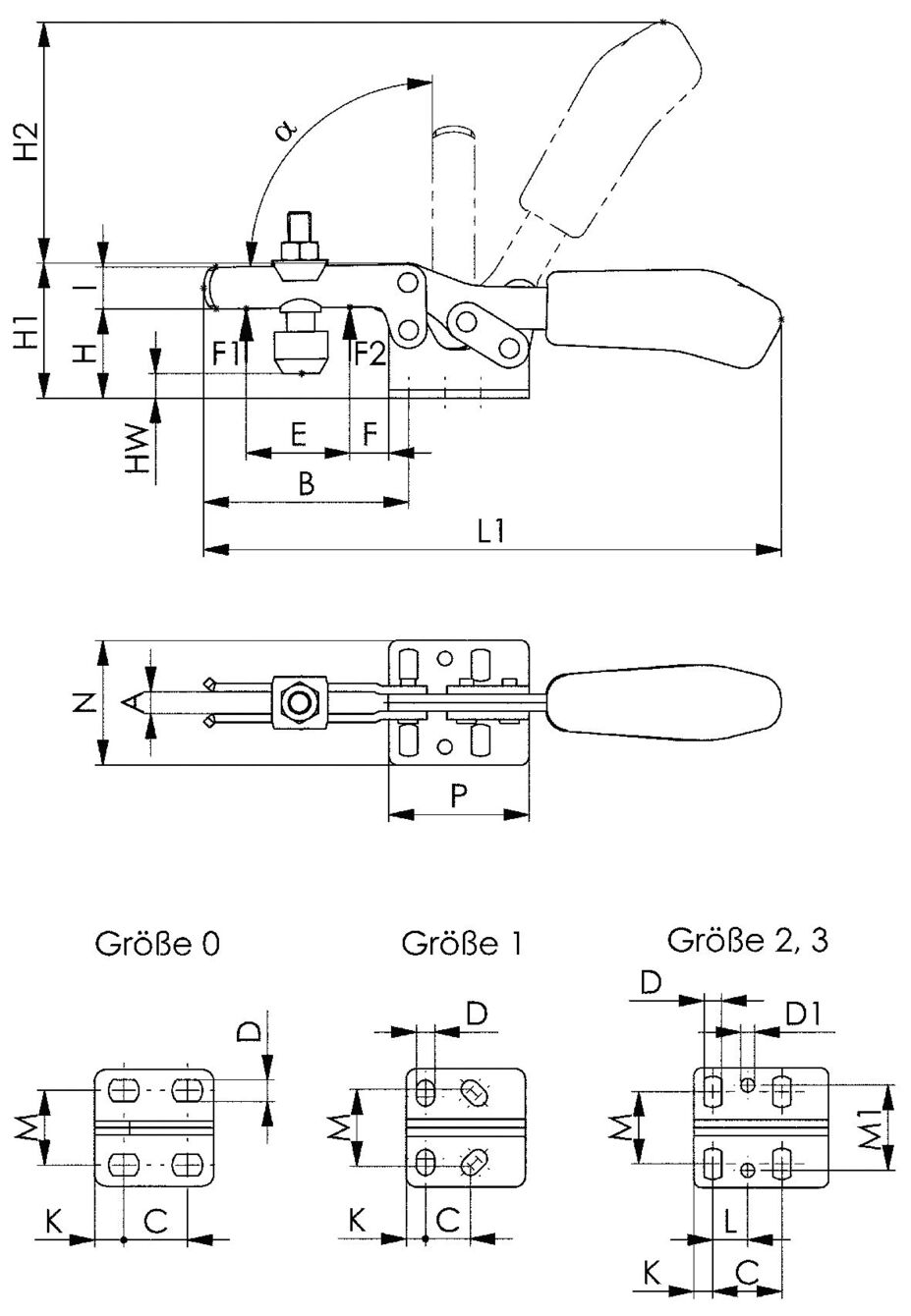 The image displays technical drawings of a lever mechanism. At the top, dimensions such as H1, H2, B, and L1 are shown, while at the bottom various sizes (0, 1, 2, 3) with specific measurements are depicted.