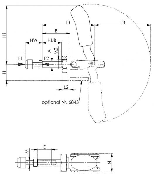 Das Bild zeigt eine technische Zeichnung eines Hebels mit Maßen. Oben ist der Hebel mit einer ergonomischen Griffform abgebildet. Unten ist eine Seitenansicht mit weiteren Maßangaben.