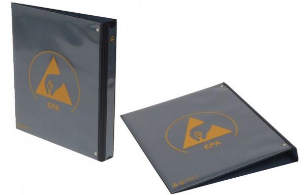 The image shows a black folder with an orange triangle symbol and the label "EBN". It is standing upright and partially open to reveal its interior.