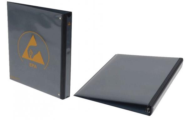 The image shows a black folder with a golden triangle and a symbol in the center. The folder is standing upright and lying next to it, with a smooth, shiny surface.