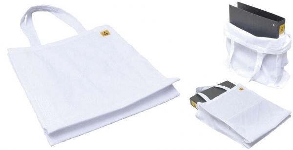 The image shows several white bags. One large tote bag with long handles and two smaller bags that are folded. All are made from lightweight material.