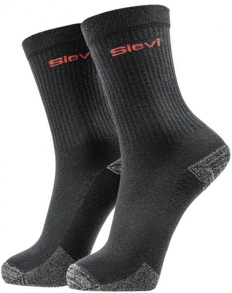 The image shows a pair of black socks with a high shaft. On one side, the word "Sievi" is visible in red color. The socks have reinforced heels.