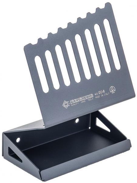 The image shows a black, angled metal holder. It has a diamond-shaped base and an upright backrest with slots to hold books or tablets.