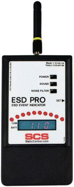The image shows a handheld device with a digital display and several buttons. It has an antenna and is used for displaying ESD events. The color scheme is predominantly black with red and white elements.