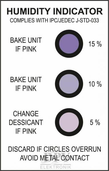 Das Bild zeigt ein Humidity Indicator mit drei Kreisen. Oben steht "15% - Bake Unit if Pink", in der Mitte "10% - Bake Unit if Pink" und unten "5% - Change Desiccant if Pink". Anweisungen sind klar angegeben.